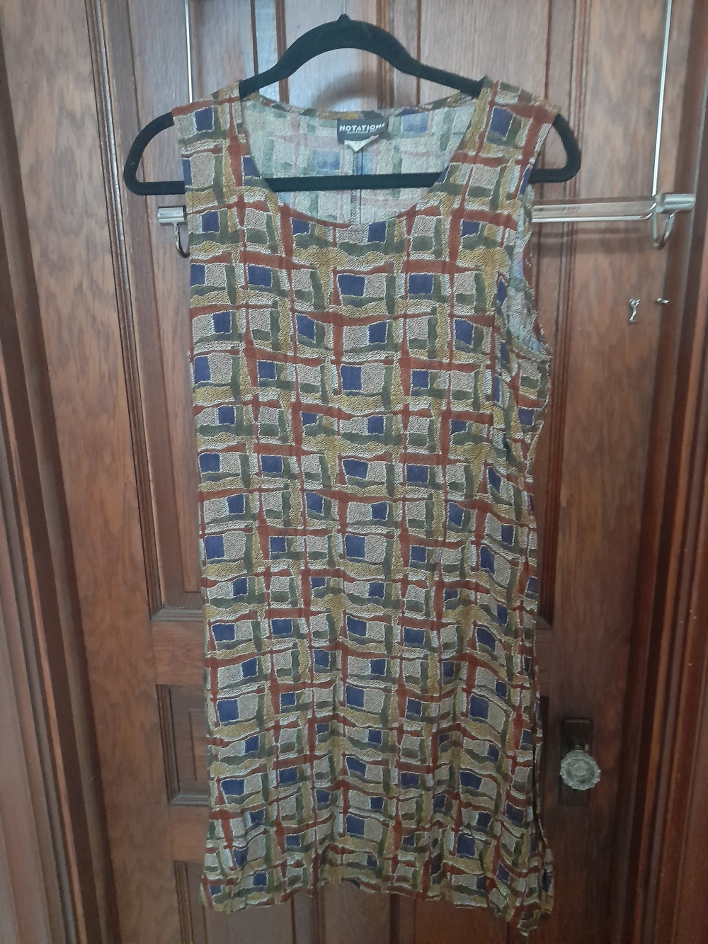 Notations Sleeveless Geometric Print Mini Dress in Navy, Olive & Rust